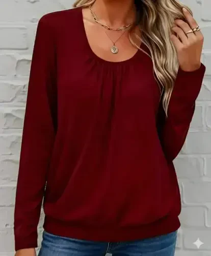Women's Long Sleeve Round Neck Viscose Blouse - 1