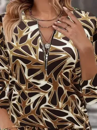 Women's Long Sleeve Round Neck Zippered Patterned Fleece Blouse - 2