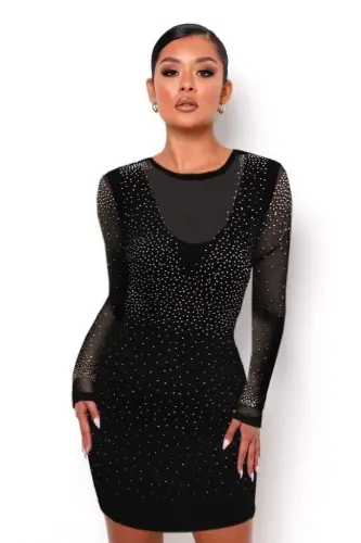Women's Long Sleeve Round Neckline Embellished Scuba Dress - 5