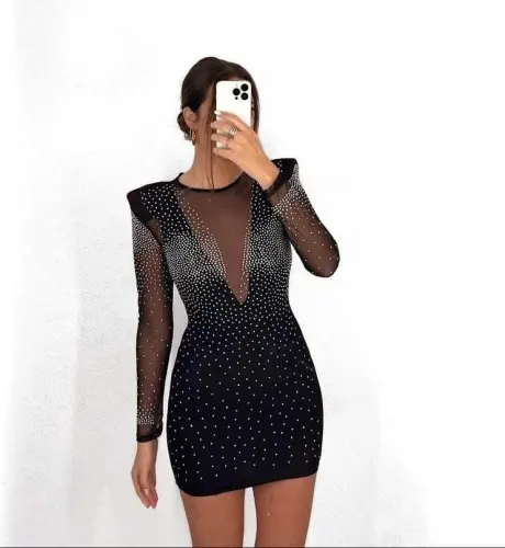 Women's Long Sleeve Round Neckline Embellished Scuba Dress - 6