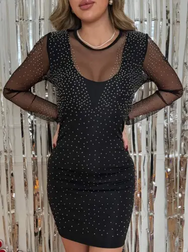 Women's Long Sleeve Round Neckline Embellished Scuba Dress - 10