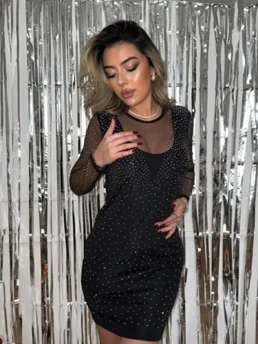 Women's Long Sleeve Round Neckline Embellished Scuba Dress - 11