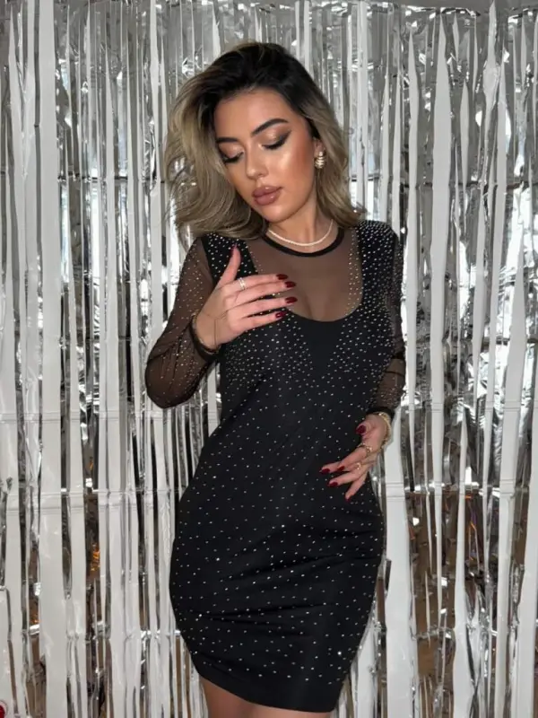 Women's Long Sleeve Round Neckline Embellished Scuba Dress - 11