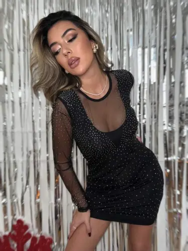 Women's Long Sleeve Round Neckline Embellished Scuba Dress - 12