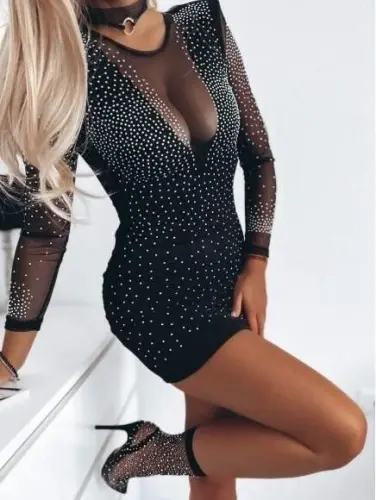 Women's Long Sleeve Round Neckline Embellished Scuba Dress - BÜYÜKBEDENIZ (1)