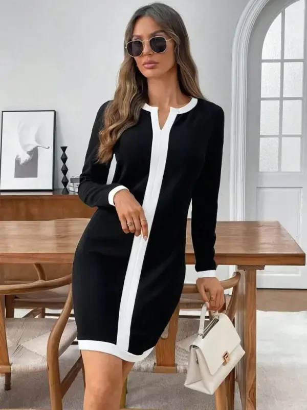 Women's Long Sleeve Round V Neck Striped Detailed Modal Mini Dress - 1