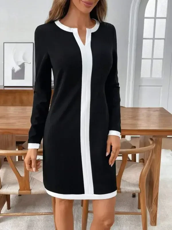 Women's Long Sleeve Round V Neck Striped Detailed Modal Mini Dress - 2
