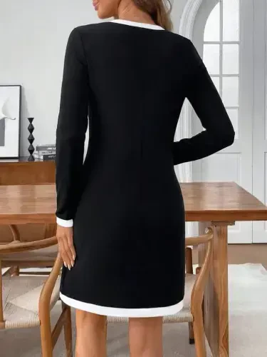 Women's Long Sleeve Round V Neck Striped Detailed Modal Mini Dress - 5