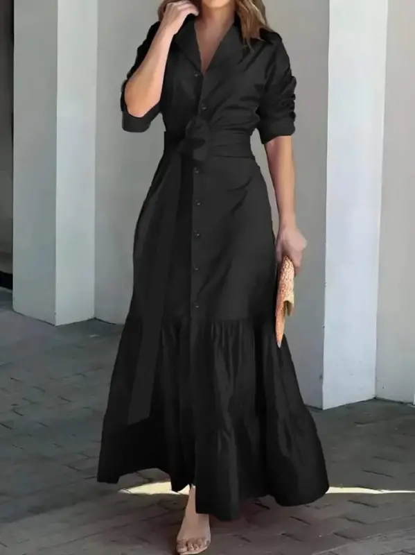 Women's Long Sleeve Ruffle Hem Belted Tricoton Full Length Shirt Dress - 1