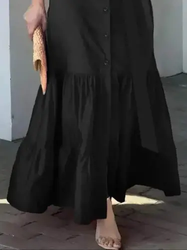 Women's Long Sleeve Ruffle Hem Belted Tricoton Full Length Shirt Dress - BÜYÜKBEDENIZ (1)