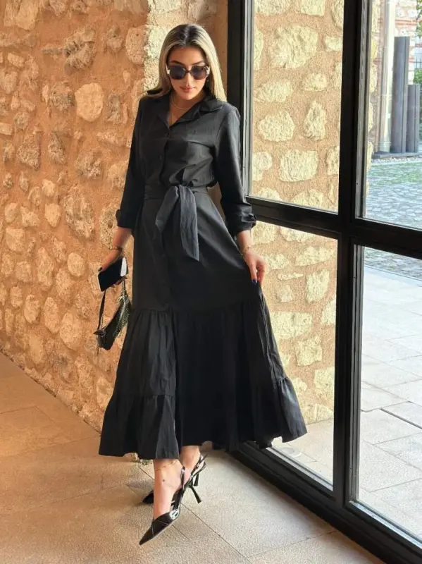 Women's Long Sleeve Ruffle Hem Belted Tricoton Full Length Shirt Dress - 7