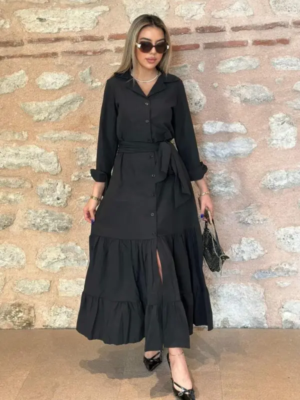 Women's Long Sleeve Ruffle Hem Belted Tricoton Full Length Shirt Dress - 8