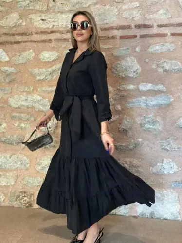 Women's Long Sleeve Ruffle Hem Belted Tricoton Full Length Shirt Dress - 9