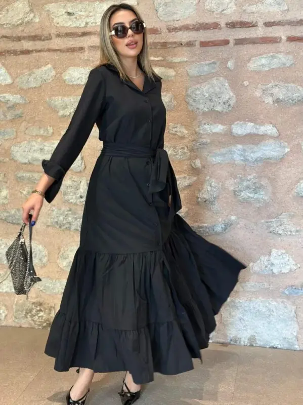 Women's Long Sleeve Ruffle Hem Belted Tricoton Full Length Shirt Dress - 10