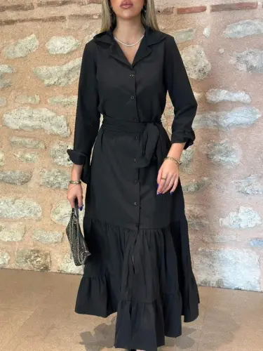 Women's Long Sleeve Ruffle Hem Belted Tricoton Full Length Shirt Dress - 11