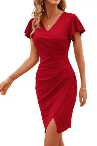 Women's Long Sleeve Ruffled Wrap Neck Side Ruched Imported Crepe Dress - 3