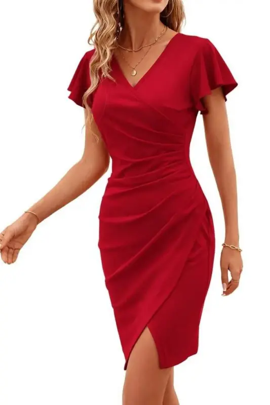 Women's Long Sleeve Ruffled Wrap Neck Side Ruched Imported Crepe Dress - 3
