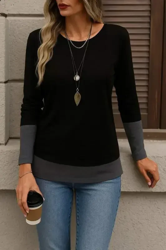 Women's Long Sleeve Scoop Neck Color Block Viscose Blouse - BÜYÜKBEDENIZ