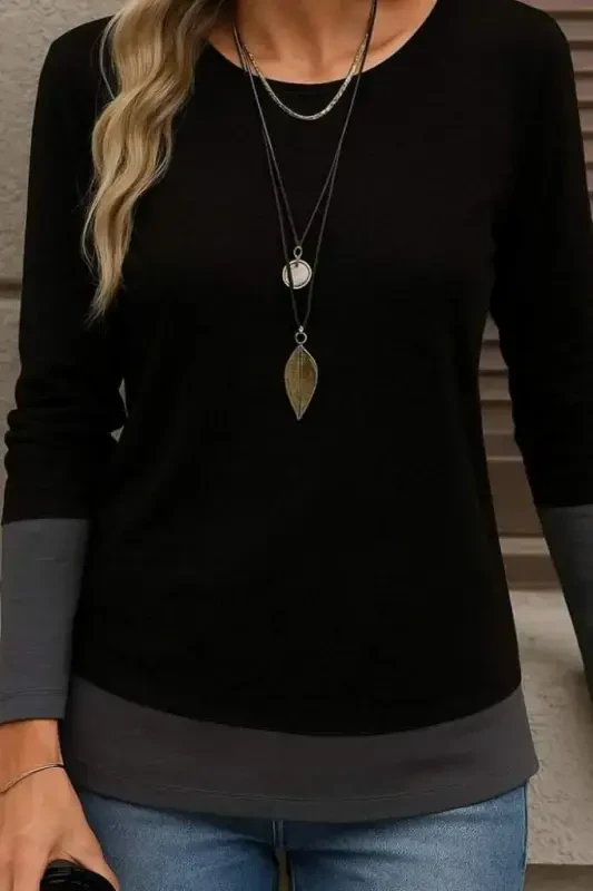 Women's Long Sleeve Scoop Neck Color Block Viscose Blouse - 2