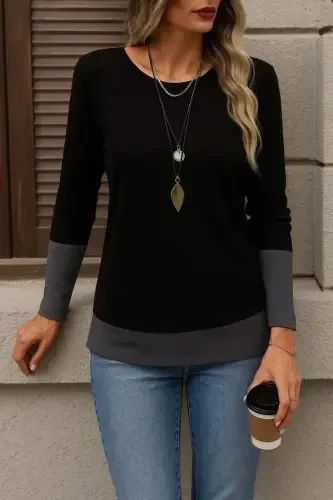 Women's Long Sleeve Scoop Neck Color Block Viscose Blouse - 3