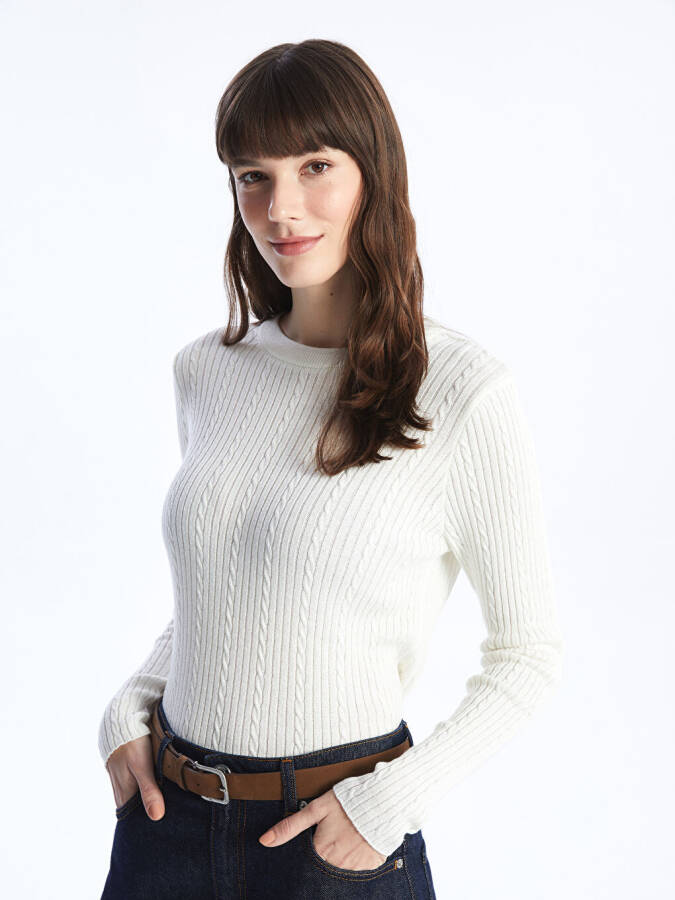 Women's Long Sleeve Self-Patterned Knit Sweater with a Bicycle Neck - 8