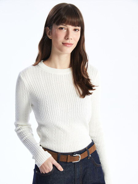 Women's Long Sleeve Self-Patterned Knit Sweater with a Bicycle Neck - 9