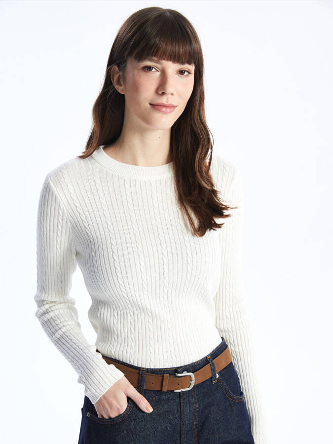 Women's Long Sleeve Self-Patterned Knit Sweater with a Bicycle Neck - 9