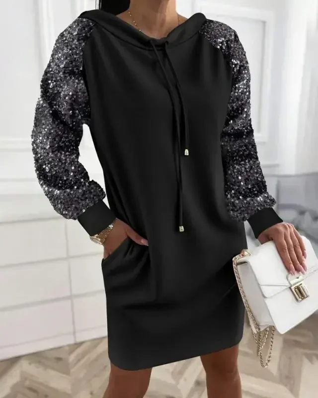 Women's Long Sleeve Sequin Lace-Up Pocket Detail Mini Viscose Two Thread Dress - BÜYÜKBEDENIZ