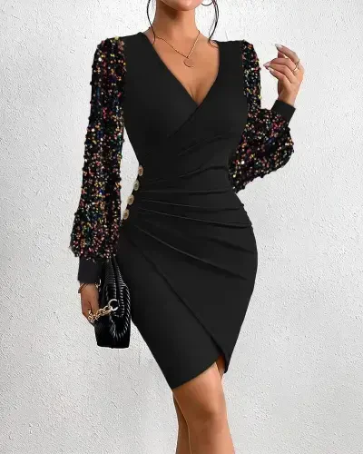 Women's Long Sleeve Sequin Wrap V-Neck Side Buttoned Short Imported Crepe Dress - 3