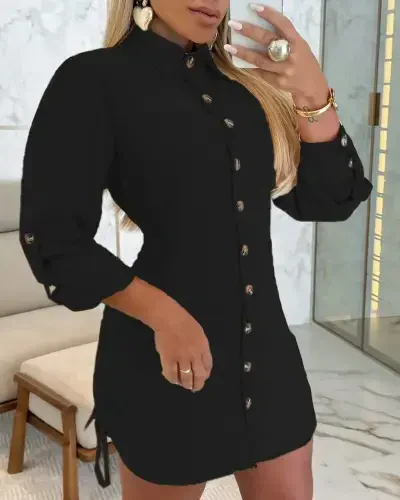 Women's Long Sleeve Shirt Collar Button-Down Ruched Side Short Aerobin Dress - 1