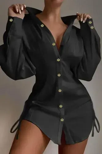 Women's Long Sleeve Shirt Collar Button-Down Ruched Side Short Aerobin Dress - 5