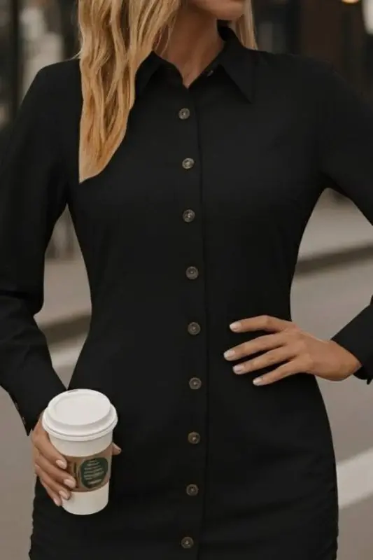 Women's Long Sleeve Shirt Collar Button-Down Ruched Side Short Aerobin Dress - 2