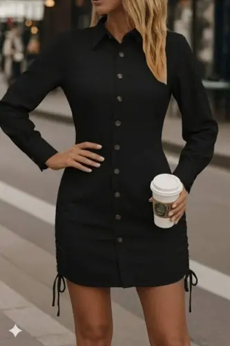 Women's Long Sleeve Shirt Collar Button-Down Ruched Side Short Aerobin Dress - 3