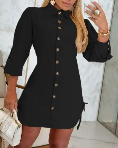 Women's Long Sleeve Shirt Collar Button-Down Ruched Side Short Aerobin Dress - 6