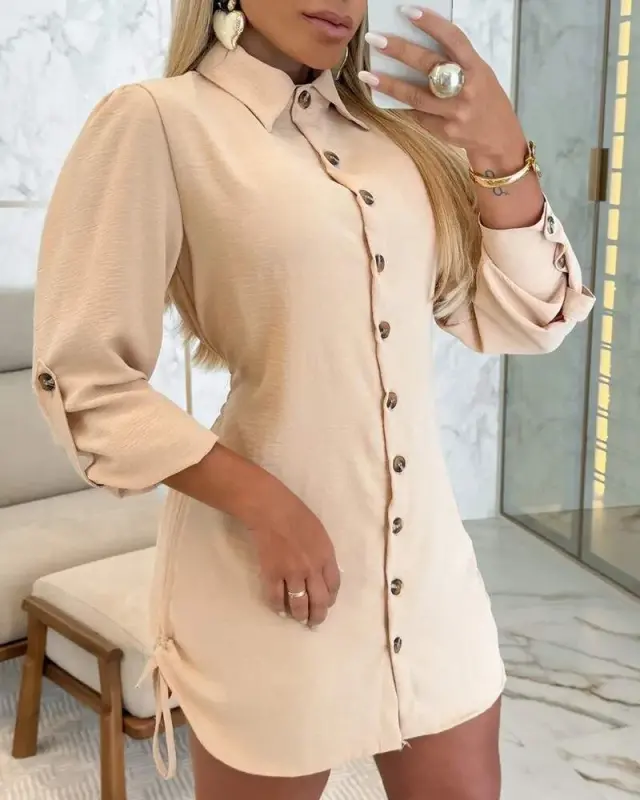 Women's Long Sleeve Shirt Collar Button-Down Side Ruched Short Aerobic Dress - 1