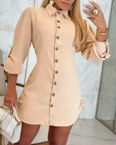 Women's Long Sleeve Shirt Collar Button-Down Side Ruched Short Aerobic Dress - 3