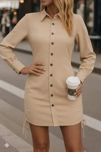 Women's Long Sleeve Shirt Collar Button-Down Side Ruched Short Aerobic Dress - 4