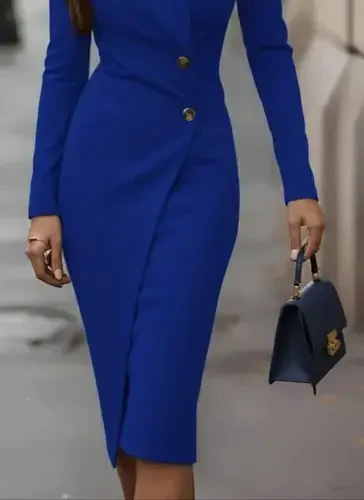 Women's Long Sleeve Side Buttoned Crossover Neck Detailed Midi Imported Crepe Dress - 3