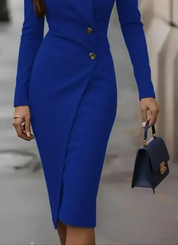 Women's Long Sleeve Side Buttoned Crossover Neck Detailed Midi Imported Crepe Dress - 3