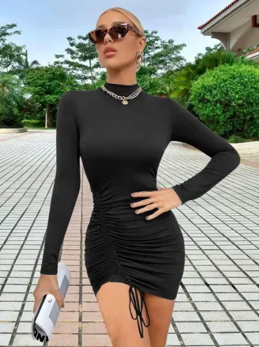 Women's Long Sleeve Slightly Diagonal Gathered Sandy Mini Dress From Right Waist to Left Hem - BÜYÜKBEDENIZ (1)