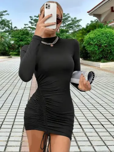 Women's Long Sleeve Slightly Diagonal Gathered Sandy Mini Dress From Right Waist to Left Hem - 3