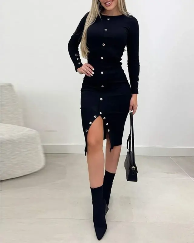 Women's Long Sleeve Slit Button Detailed Midi Ribbed Dress - 2