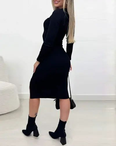 Women's Long Sleeve Slit Button Detailed Midi Ribbed Dress - 3