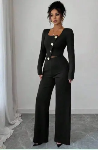 Women's Long Sleeve Square Neck Asymmetric Button Detail Blouse and High Waist Pants Set - 1