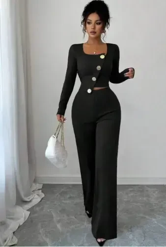 Women's Long Sleeve Square Neck Asymmetric Button Detail Blouse and High Waist Pants Set - BÜYÜKBEDENIZ (1)