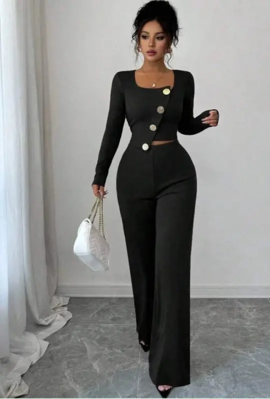 Women's Long Sleeve Square Neck Asymmetric Button Detail Blouse and High Waist Pants Set - 2