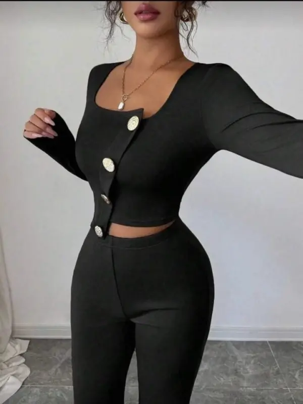 Women's Long Sleeve Square Neck Asymmetric Button Detail Blouse and High Waist Pants Set - 3