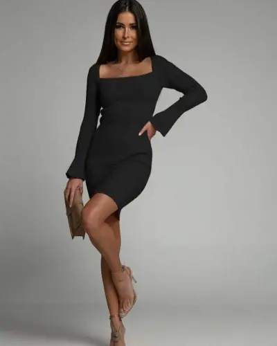 Women's Long Sleeve Square Neck Bell Sleeve Knit Dress - 1