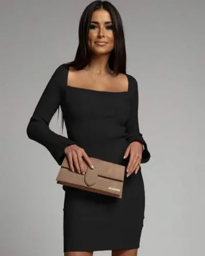 Women's Long Sleeve Square Neck Bell Sleeve Knit Dress - 2