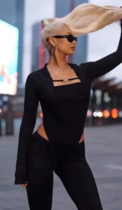 Women's Long Sleeve Square Neck Buckle and Waist Cutout Detail Jumpsuit Jumpsuit - 1